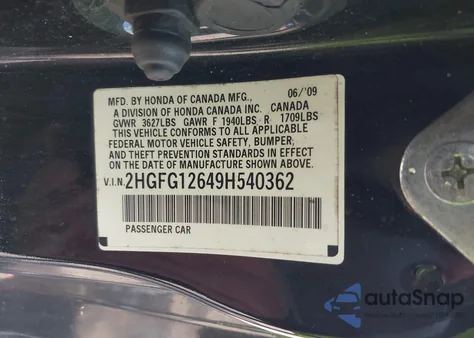 2009 Honda Civic Lx из США, поврежденный, VIN 2HGFG12649H540362